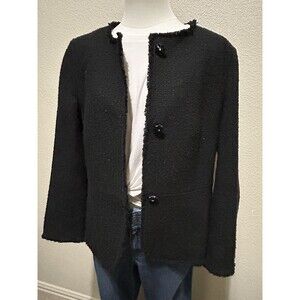 Ann Taylor Women’s Lined Tweed Blazer Frayed Edges, Black, Size 10